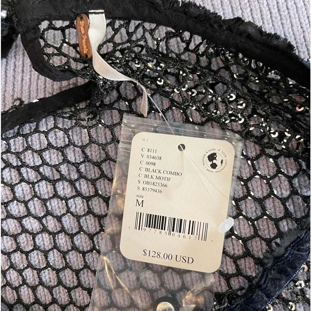 Free People Sparks Fly Sequin Fishnet Mesh Top Black Velvet Detail NWT M